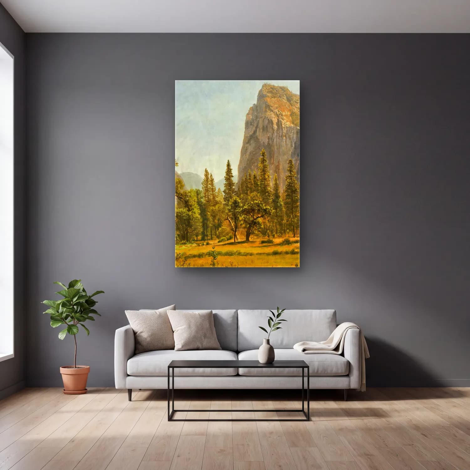 Albert Bierstadt – Bridal Veil Falls, Yosemite Valley, California – Yeşil Tonlar cam tablo — gri duvarlı salonda