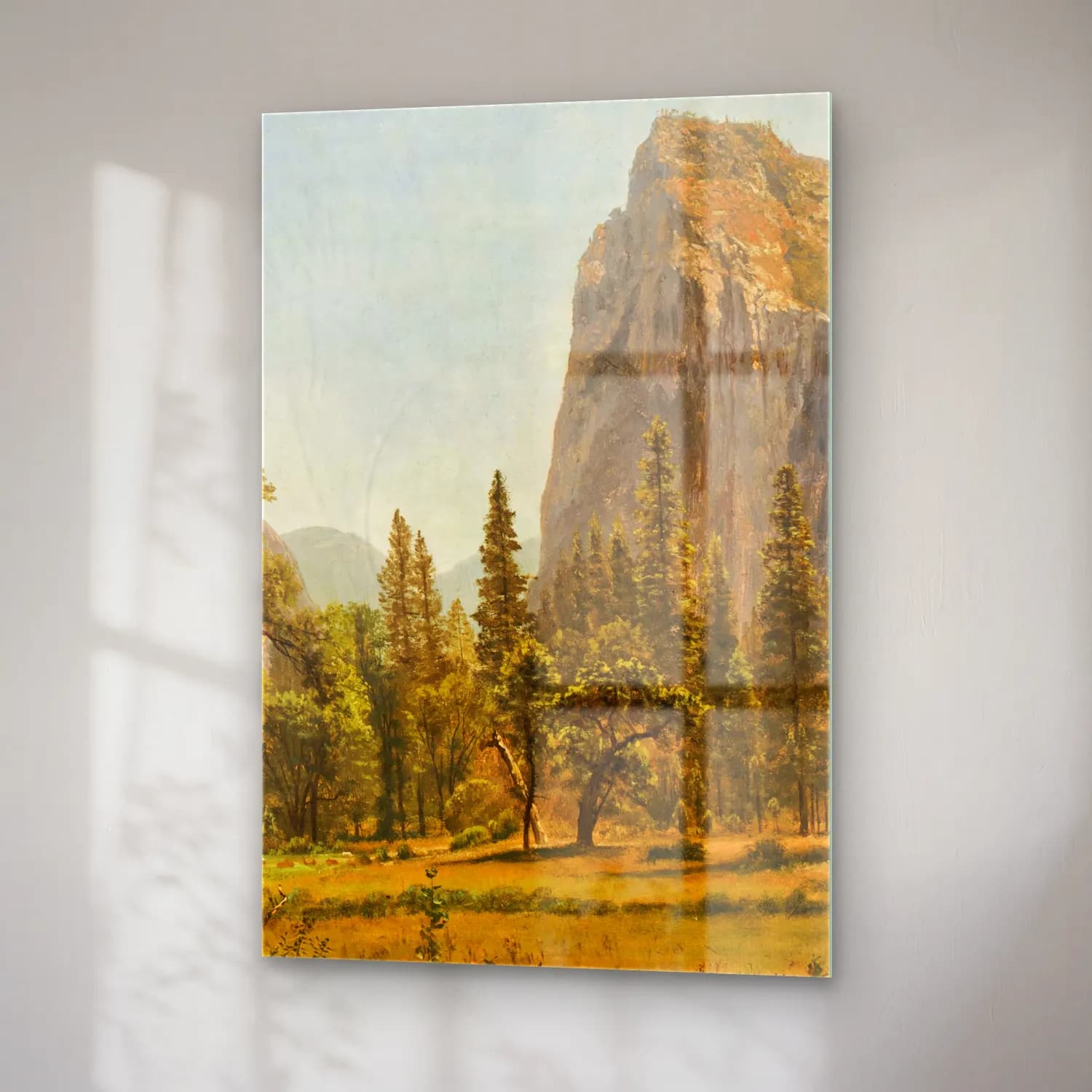 Albert Bierstadt – Bridal Veil Falls, Yosemite Valley, California – Yeşil Tonlar cam tablo — sağ açıdan görünüm