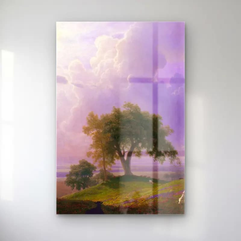 Albert Bierstadt – California Spring – Pastel Tonlar cam tablo — Albert Bierstadt – California Spring – Pastel Tonlar — yağlı boya yalnız ağaç