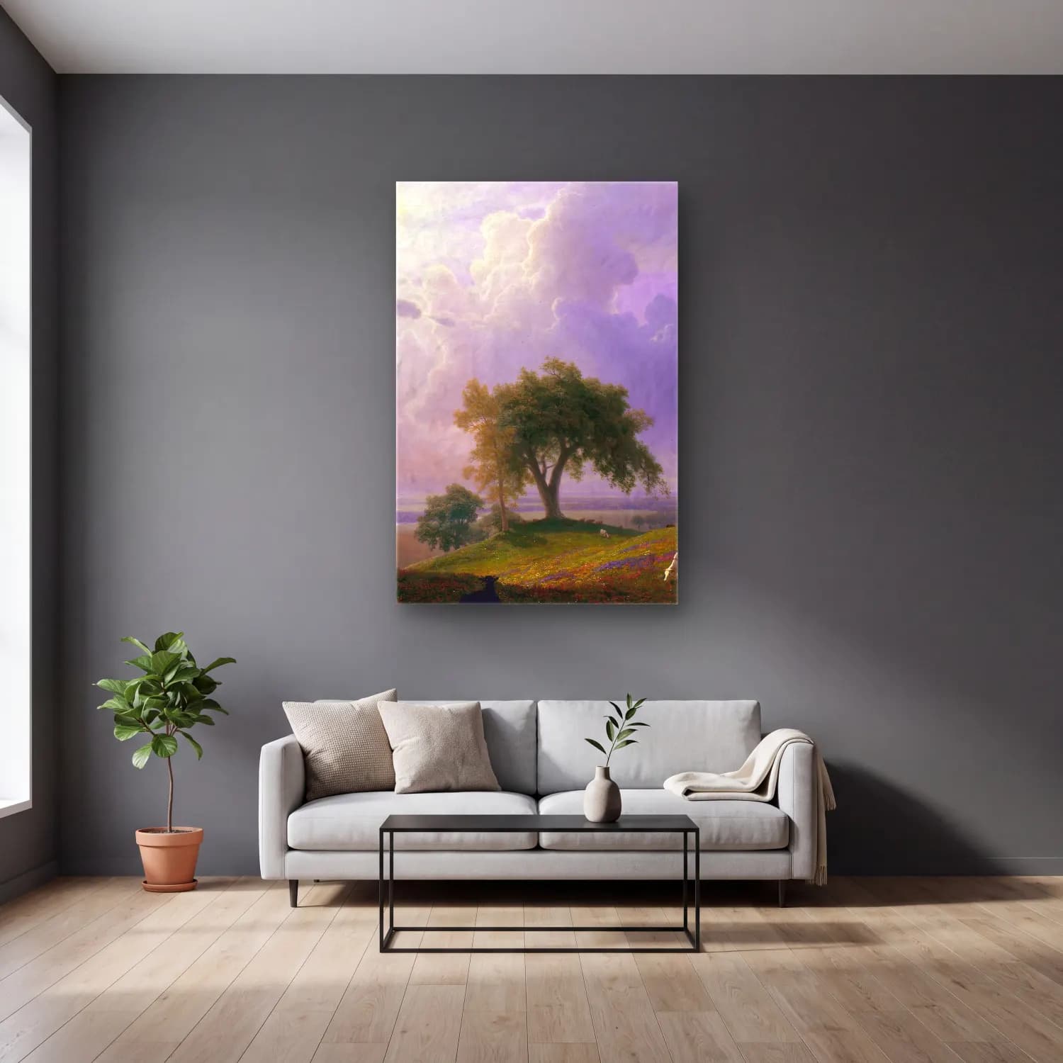 Albert Bierstadt – California Spring – Pastel Tonlar cam tablo — gri duvarlı salonda