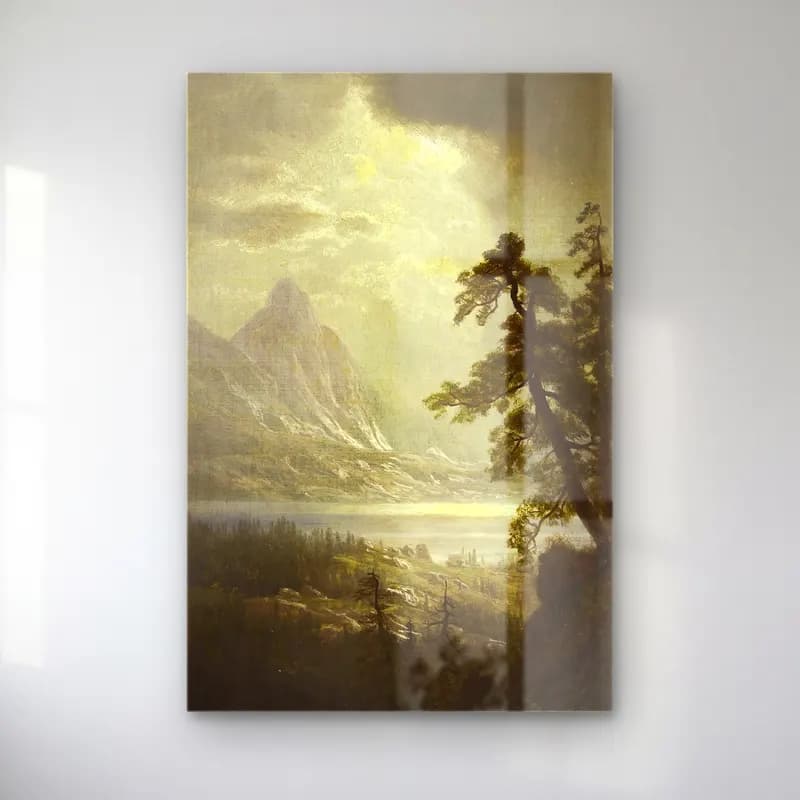 Albert Bierstadt – Estes Park Morning, Colorado (circa 1859) – Bej Tonlar cam tablo — Albert Bierstadt – Estes Park Morning, Colorado (circa 1859) – Bej Tonlar — yağlı boya dağ manzarası