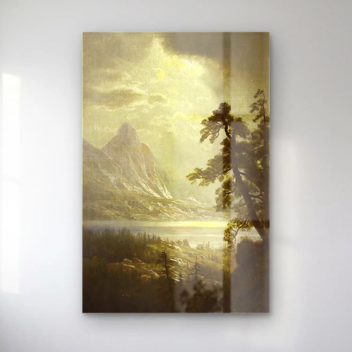 Albert Bierstadt – Estes Park Morning, Colorado (circa 1859) – Bej Tonlar cam tablo — Albert Bierstadt – Estes Park Morning, Colorado (circa 1859) – Bej Tonlar — yağlı boya dağ manzarası