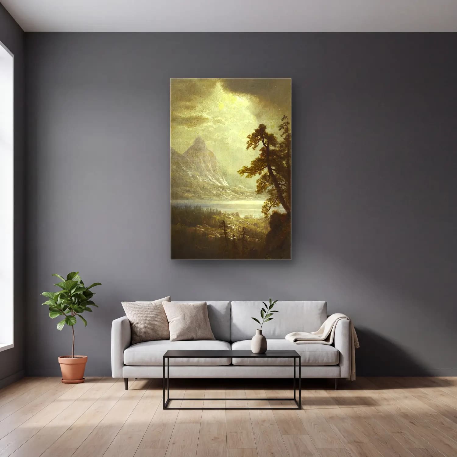 Albert Bierstadt – Estes Park Morning, Colorado (circa 1859) – Bej Tonlar cam tablo — gri duvarlı salonda