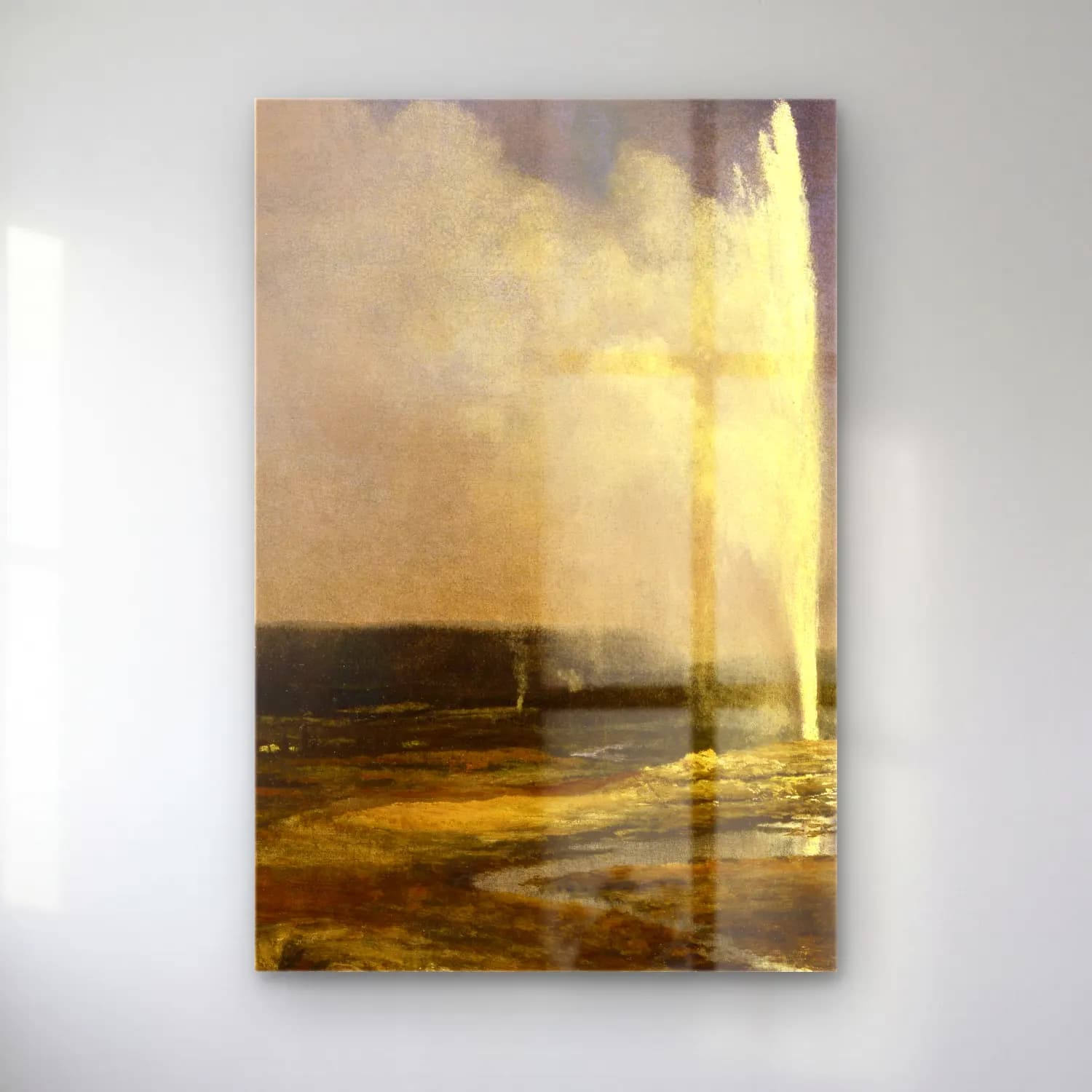 Albert Bierstadt – Geysers in Yellowstone (circa 1881) – Sarı Tonlar cam tablo — Albert Bierstadt – Geysers in Yellowstone (circa 1881) – Sarı Tonlar — yağlı boya şelale
