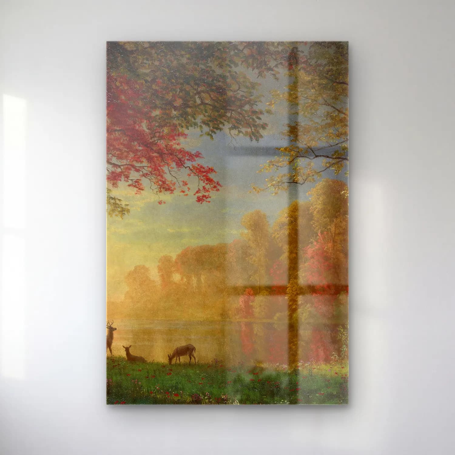 Albert Bierstadt – Indian Sunset, Deer by a Lake (ca. 1880–90) – Kırmızı Tonlar cam tablo — Albert Bierstadt – Indian Sunset, Deer by a Lake (ca. 1880–90) – Kırmızı Tonlar — yağlı boya sonbahar ağaçları