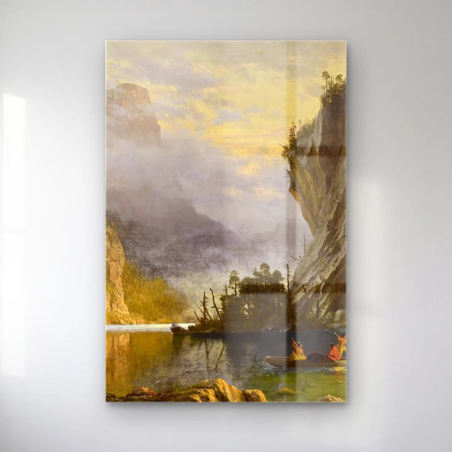 Albert Bierstadt – Indians Spear Fishing – Sarı Tonlar cam tablo — Albert Bierstadt – Indians Spear Fishing – Sarı Tonlar — yağlı boya göl ve dağlar