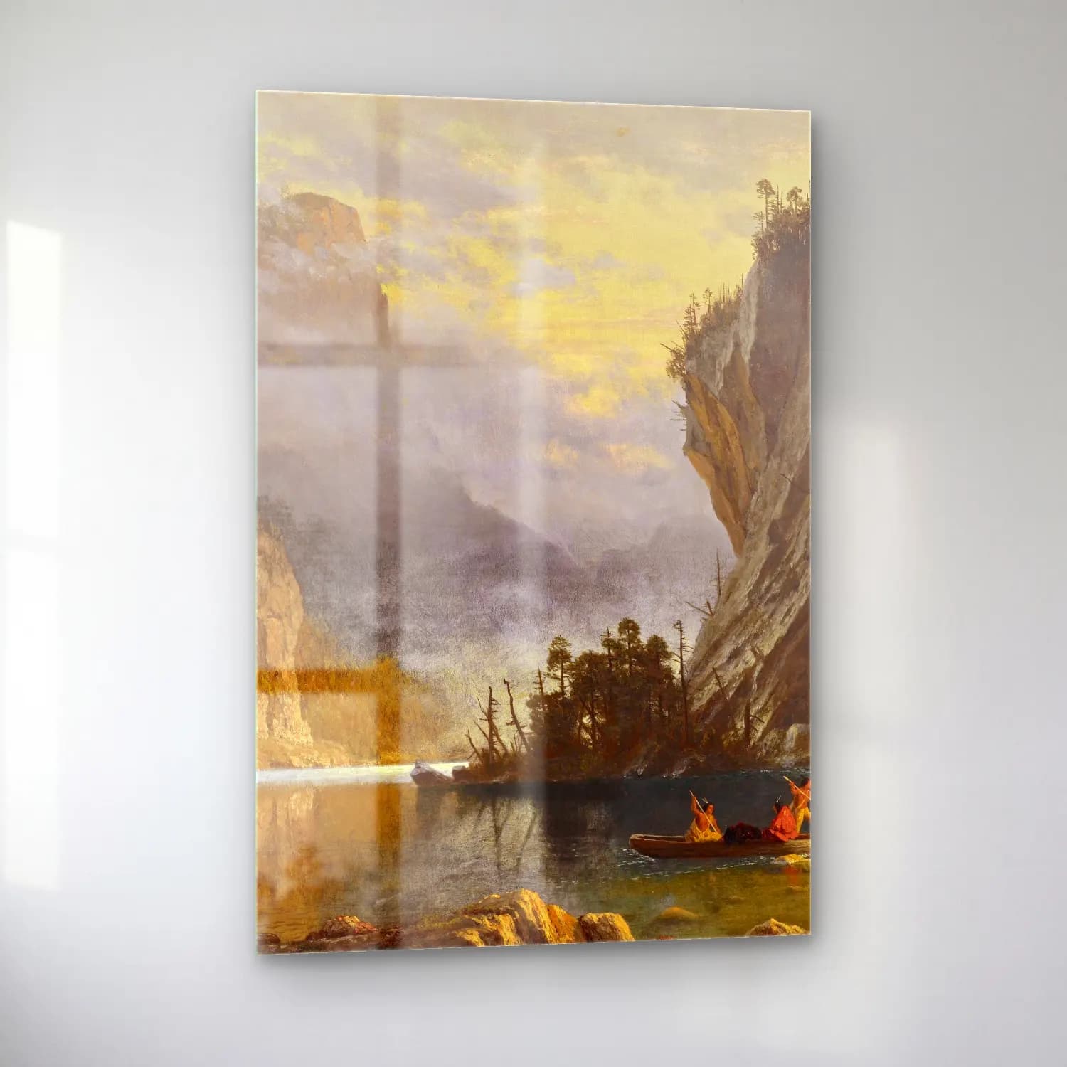 Albert Bierstadt – Indians Spear Fishing – Sarı Tonlar cam tablo — sol açıdan görünüm