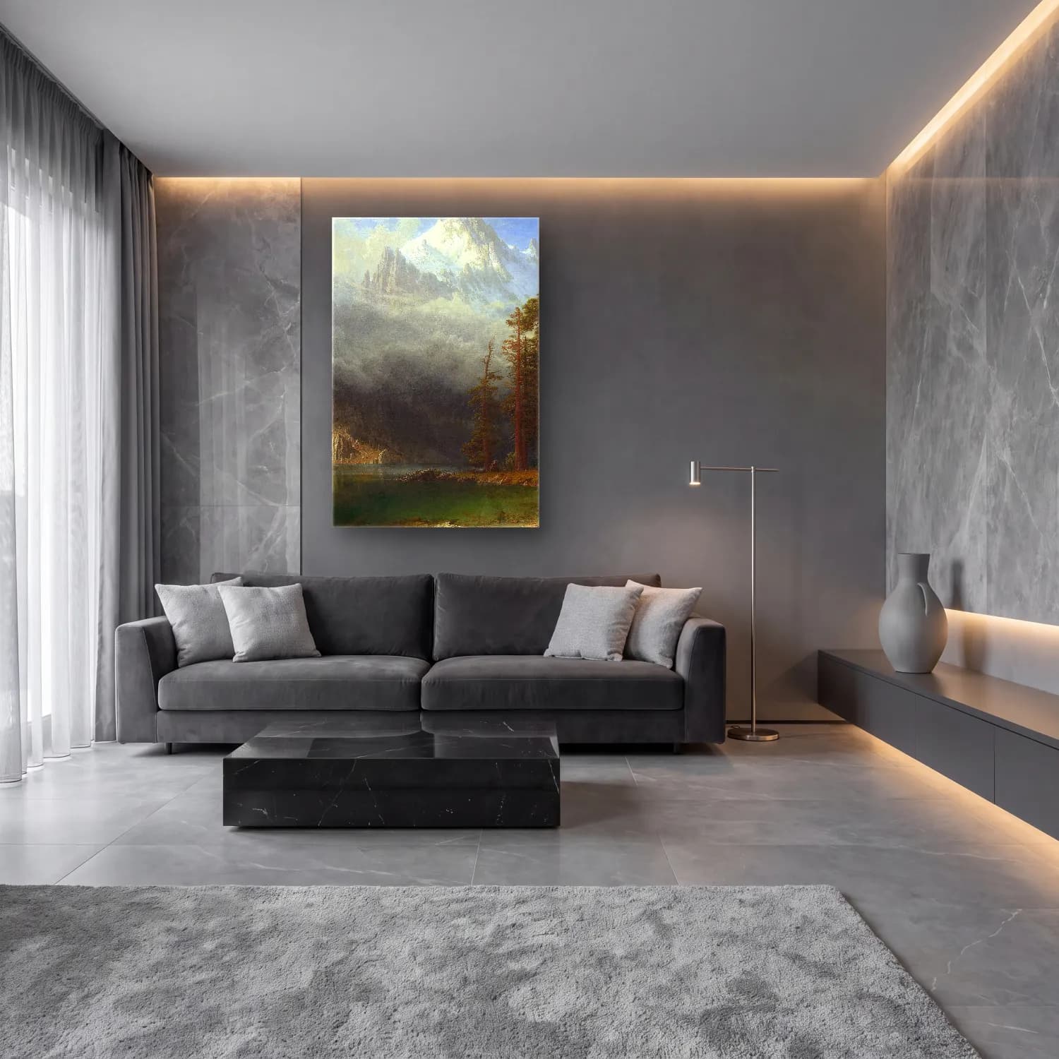 Albert Bierstadt – Lake Lucerne – Yeşil Tonlar cam tablo — lüks salon duvarında