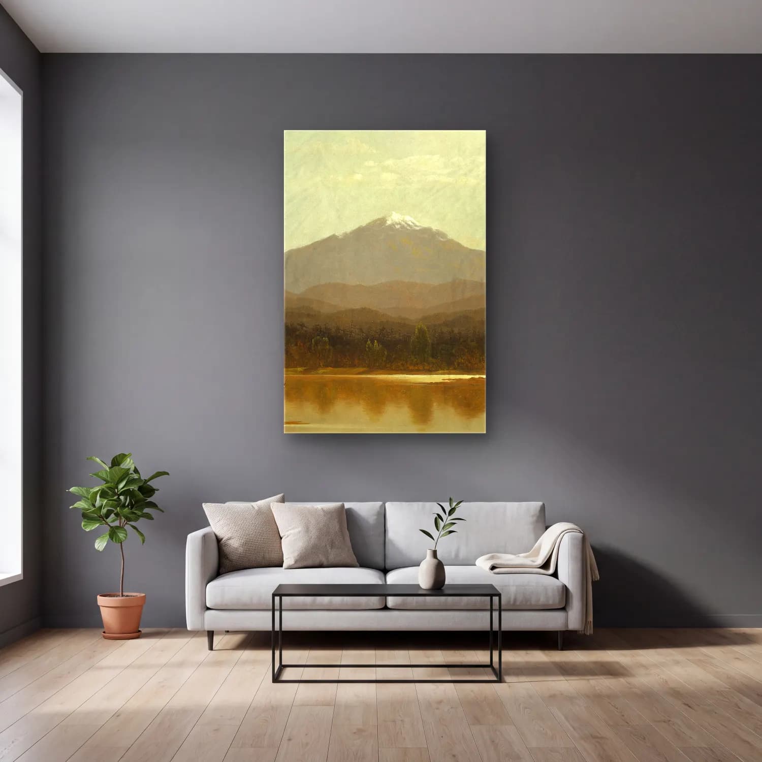 Albert Bierstadt – Laramie Peak – Bej Tonlar cam tablo — gri duvarlı salonda