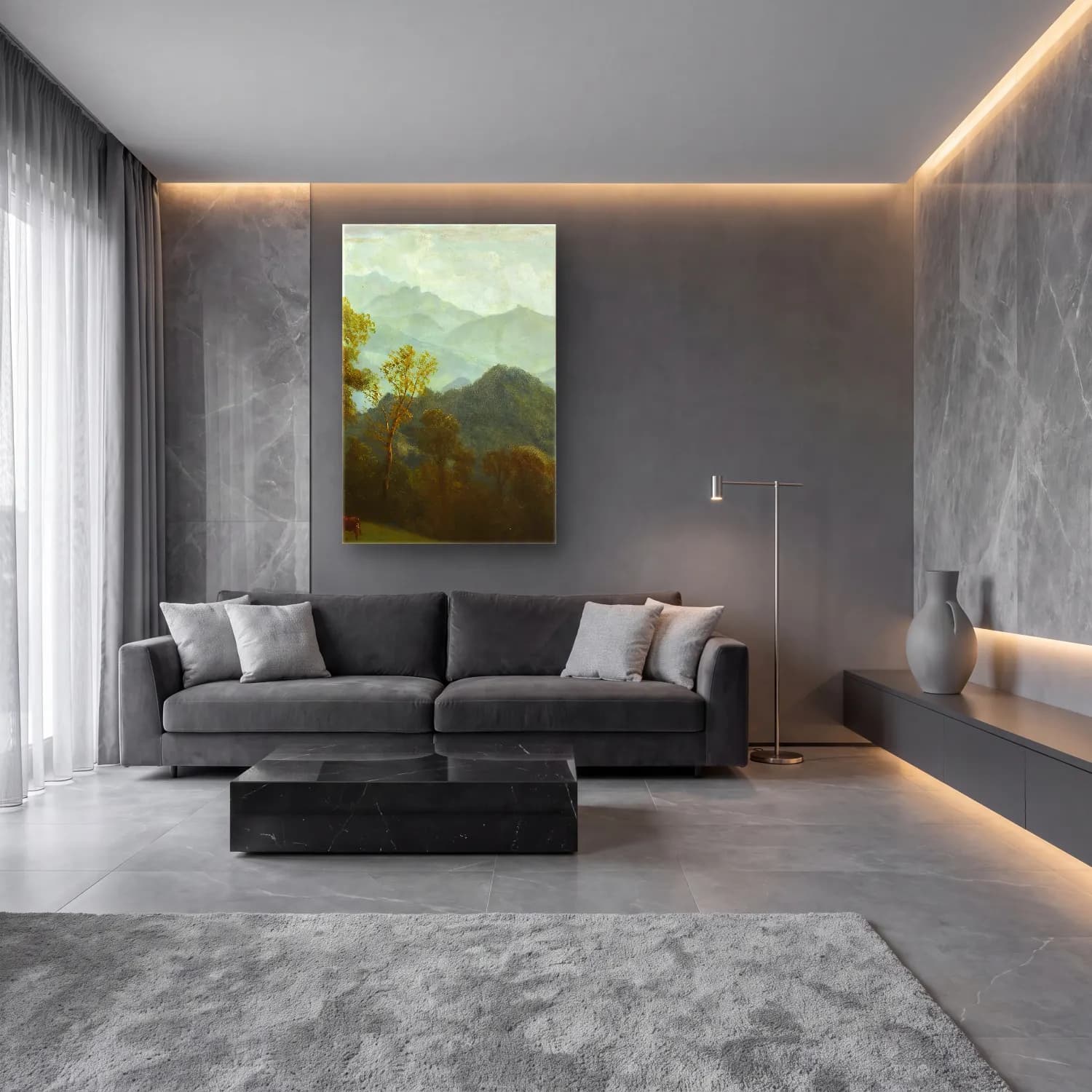 Albert Bierstadt – Lucerne, Switzerland – Yeşil Tonlar cam tablo — lüks salon duvarında