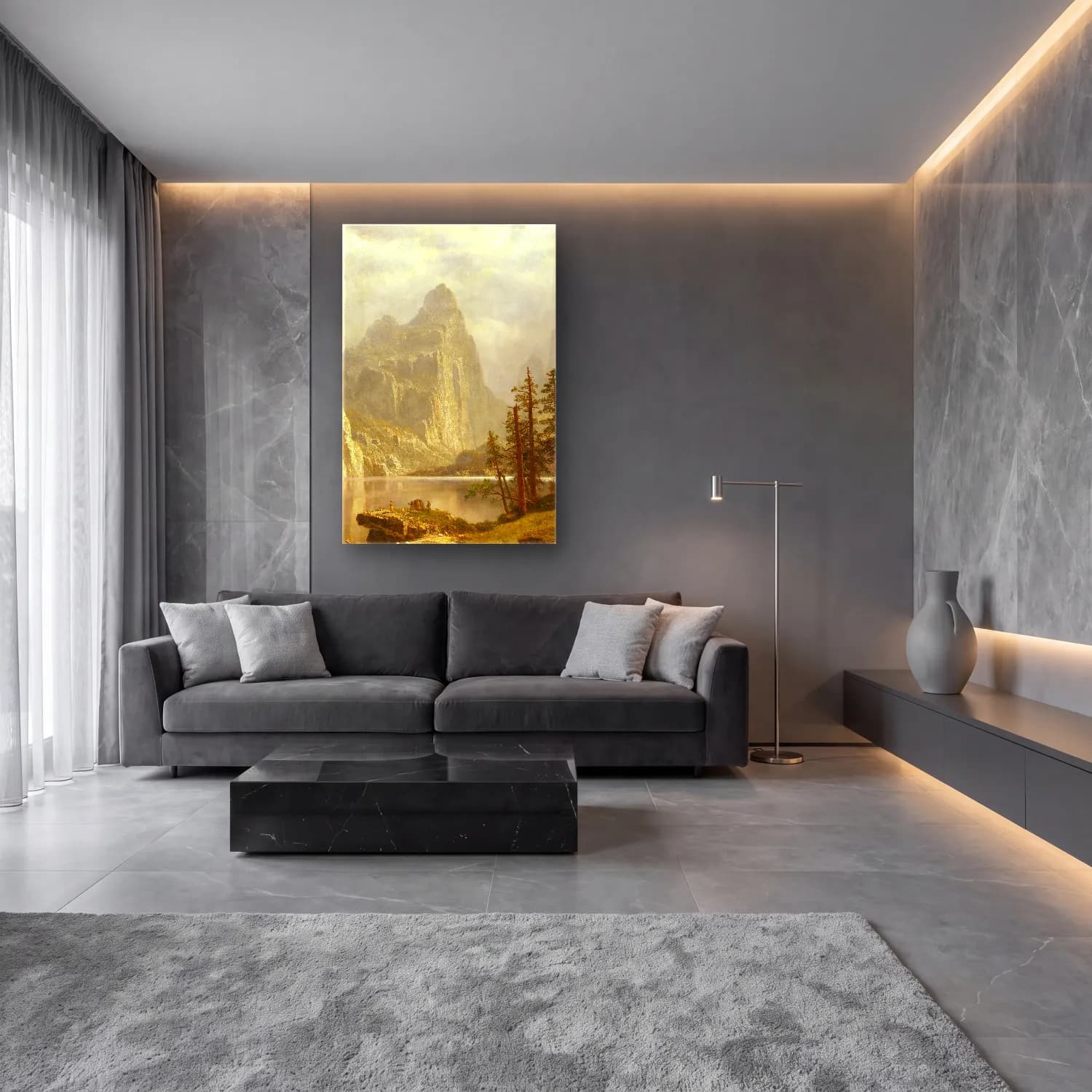 Albert Bierstadt – Merced River, Yosemite Valley – Bej Tonlar cam tablo — lüks salon duvarında