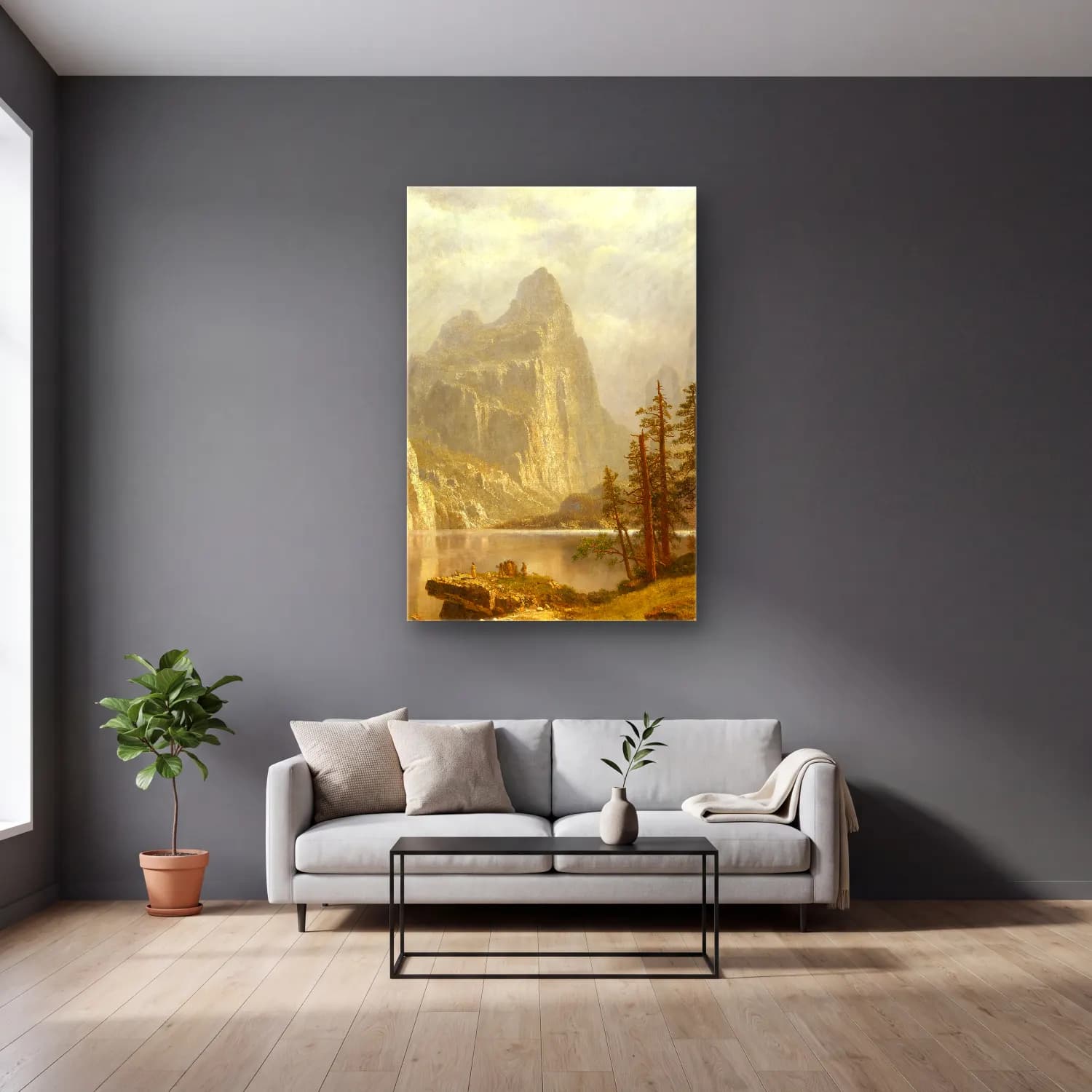 Albert Bierstadt – Merced River, Yosemite Valley – Bej Tonlar cam tablo — gri duvarlı salonda