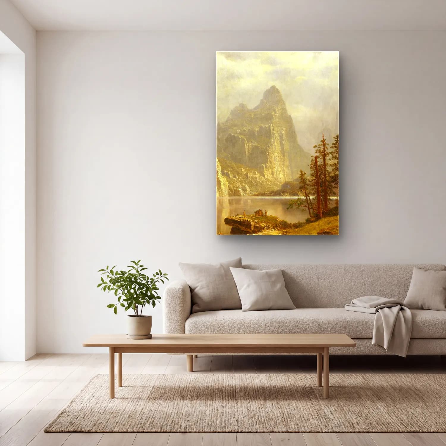Albert Bierstadt – Merced River, Yosemite Valley – Bej Tonlar cam tablo — açık renk salonda
