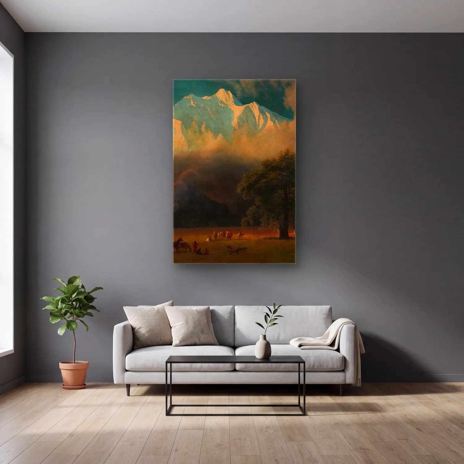 Albert Bierstadt – Mount Adams, Washington – Kırmızı Tonlar cam tablo — gri duvarlı salonda