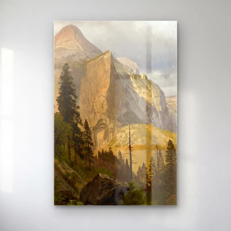 Albert Bierstadt – North Dome, Yosemite Valley – Bej Tonlar cam tablo — Albert Bierstadt – North Dome, Yosemite Valley – Bej Tonlar — yağlı boya dağ manzarası