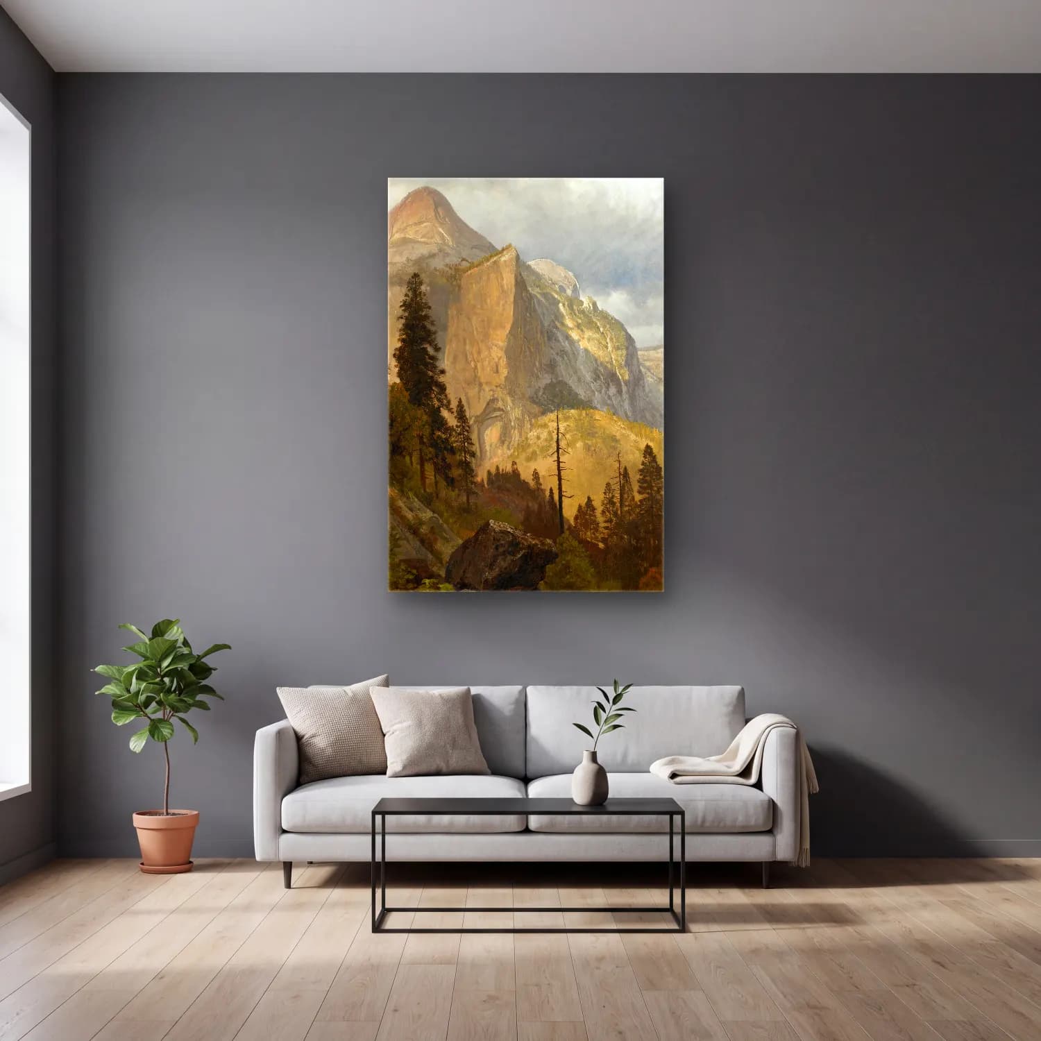 Albert Bierstadt – North Dome, Yosemite Valley – Bej Tonlar cam tablo — gri duvarlı salonda