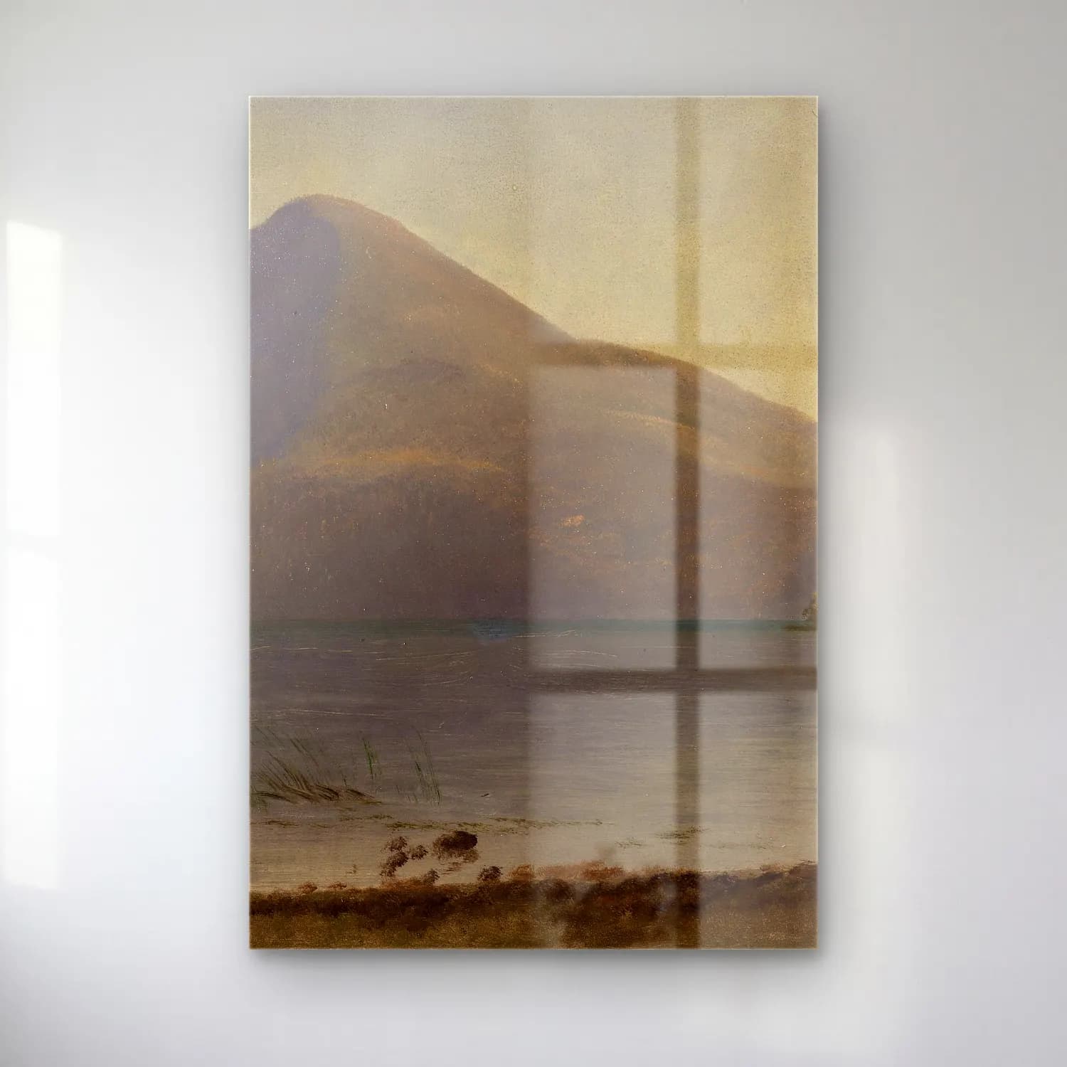 Albert Bierstadt – On the Hudson – Pastel Tonlar cam tablo — Albert Bierstadt – On the Hudson – Pastel Tonlar — yağlı boya göl ve dağlar