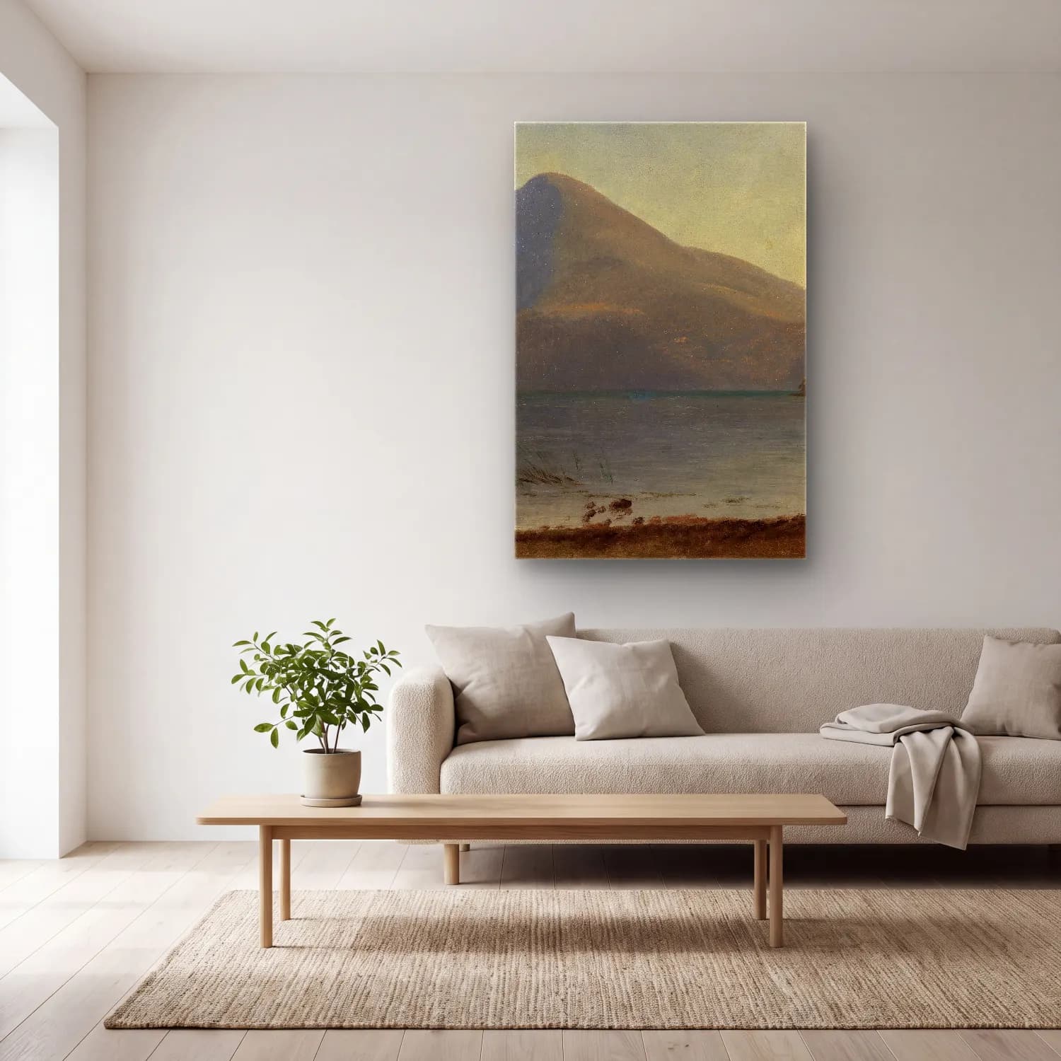 Albert Bierstadt – On the Hudson – Pastel Tonlar cam tablo — açık renk salonda