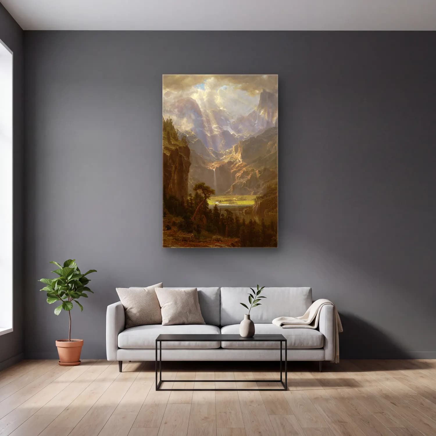 Albert Bierstadt – Rocky Mountains, Lander’s Peak cam tablo — gri duvarlı salonda