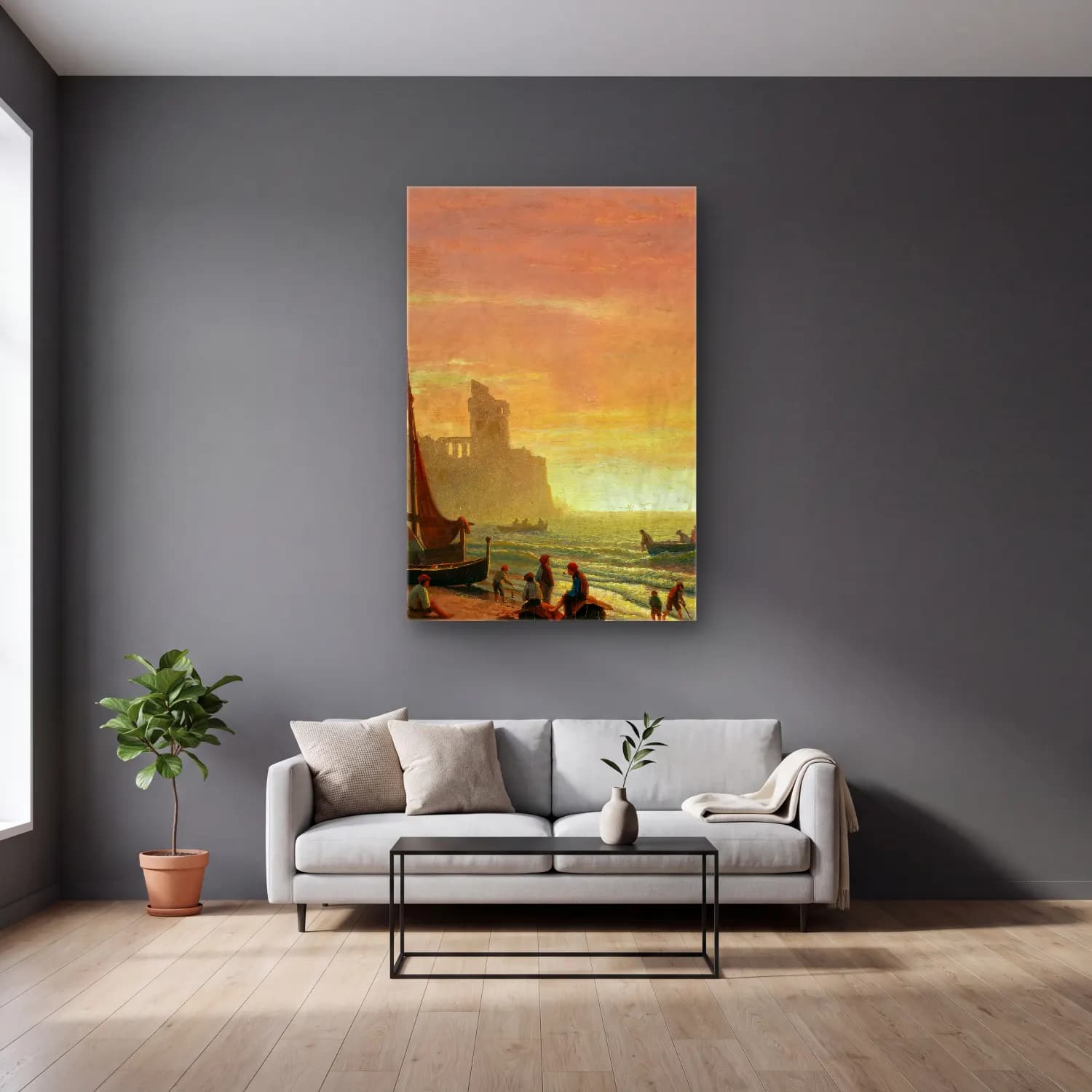 Albert Bierstadt – The Fishing Fleet – Pembe Tonlar cam tablo — gri duvarlı salonda