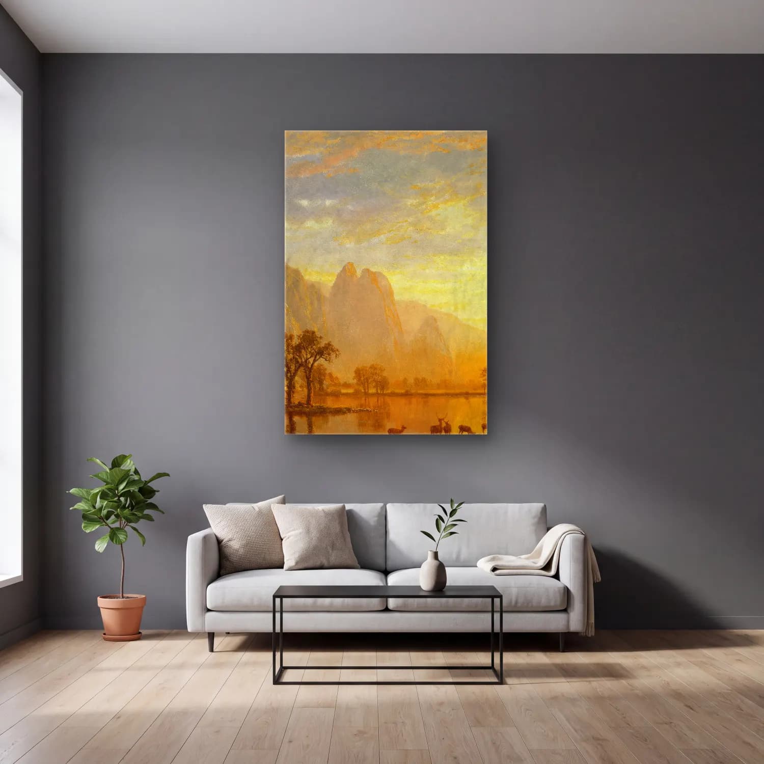Albert Bierstadt – Valley of the Yosemite – Sarı Tonlar cam tablo — gri duvarlı salonda