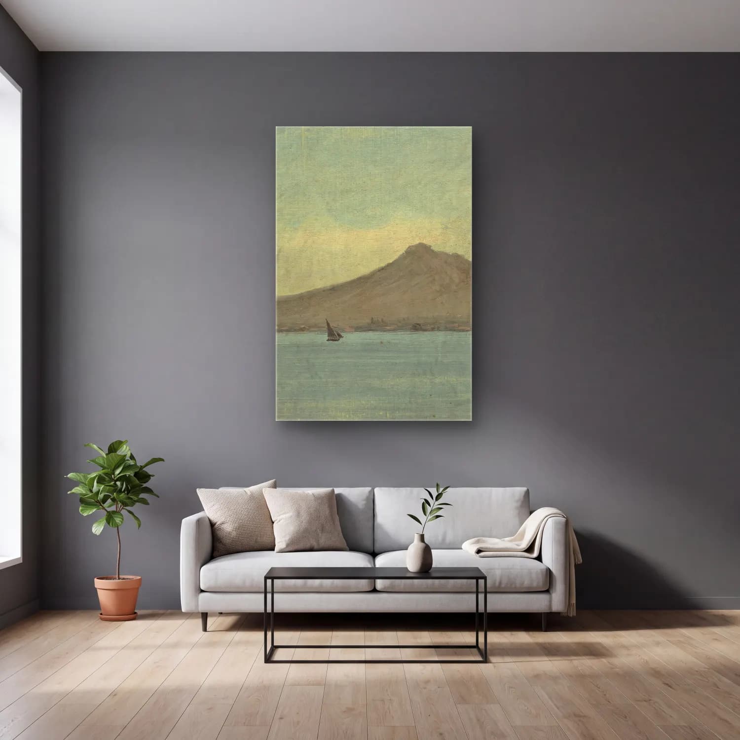 Albert Bierstadt – Vesuvius – Bej Tonlar cam tablo — gri duvarlı salonda