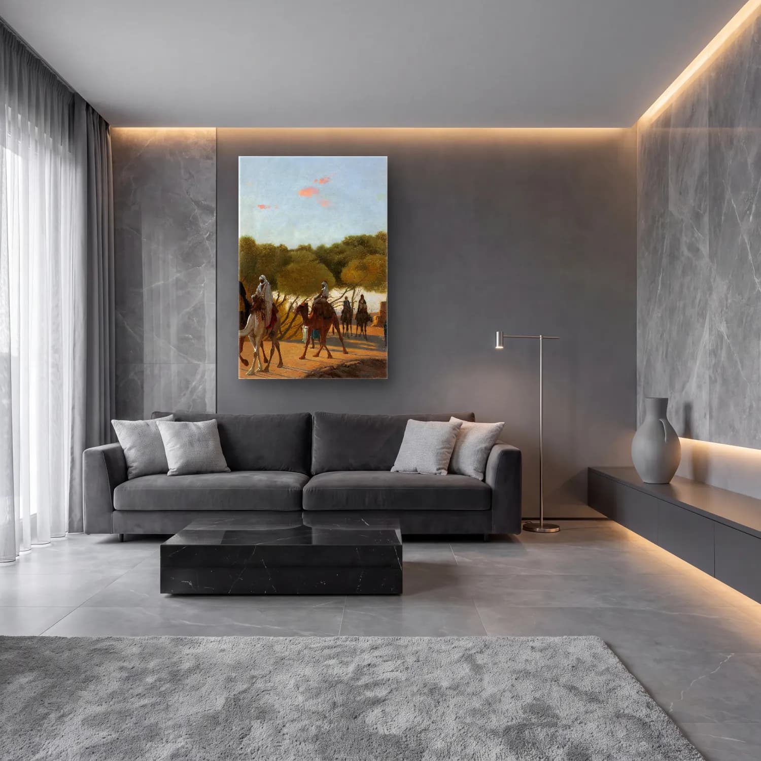 Jean-Léon Gérôme – Leaving the Oasis cam tablo — lüks salon duvarında
