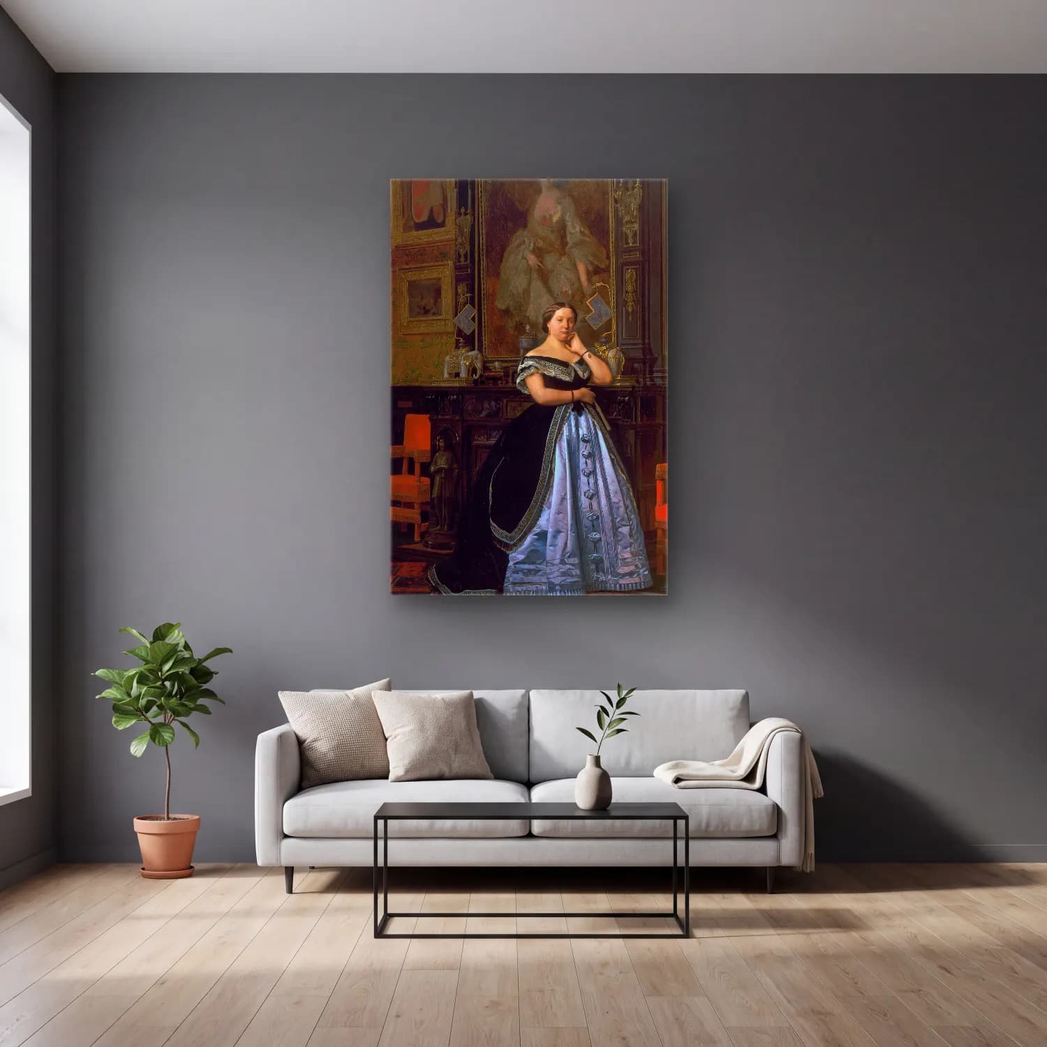 Jean-Léon Gérôme – Portrait of Charlotte de Rothschild cam tablo — gri duvarlı salonda