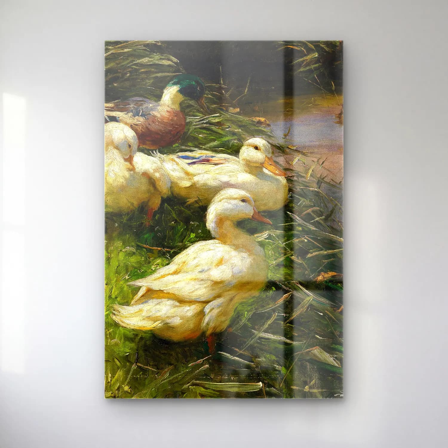 Alexander Koester – Ducks on the Lakeside in Reeds with a Boat – Pastel Tonlar cam tablo — Alexander Koester – Ducks on the Lakeside in Reeds with a Boat – Pastel Tonlar — yağlı boya ördekler