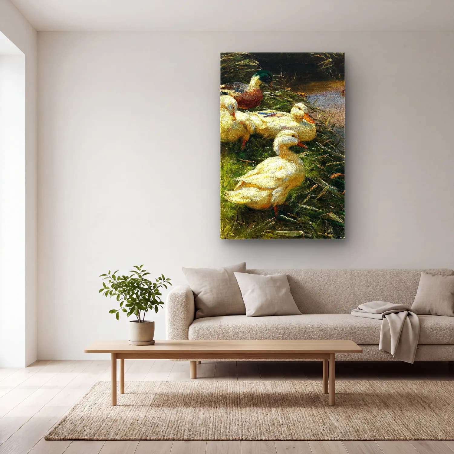 Alexander Koester – Ducks on the Lakeside in Reeds with a Boat – Pastel Tonlar cam tablo — açık renk salonda