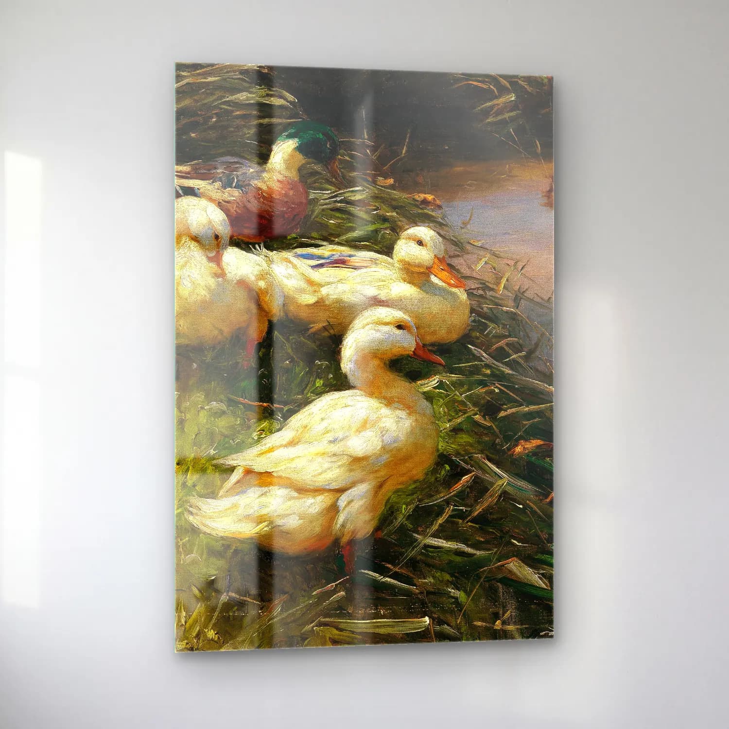 Alexander Koester – Ducks on the Lakeside in Reeds with a Boat – Pastel Tonlar cam tablo — sol açıdan görünüm