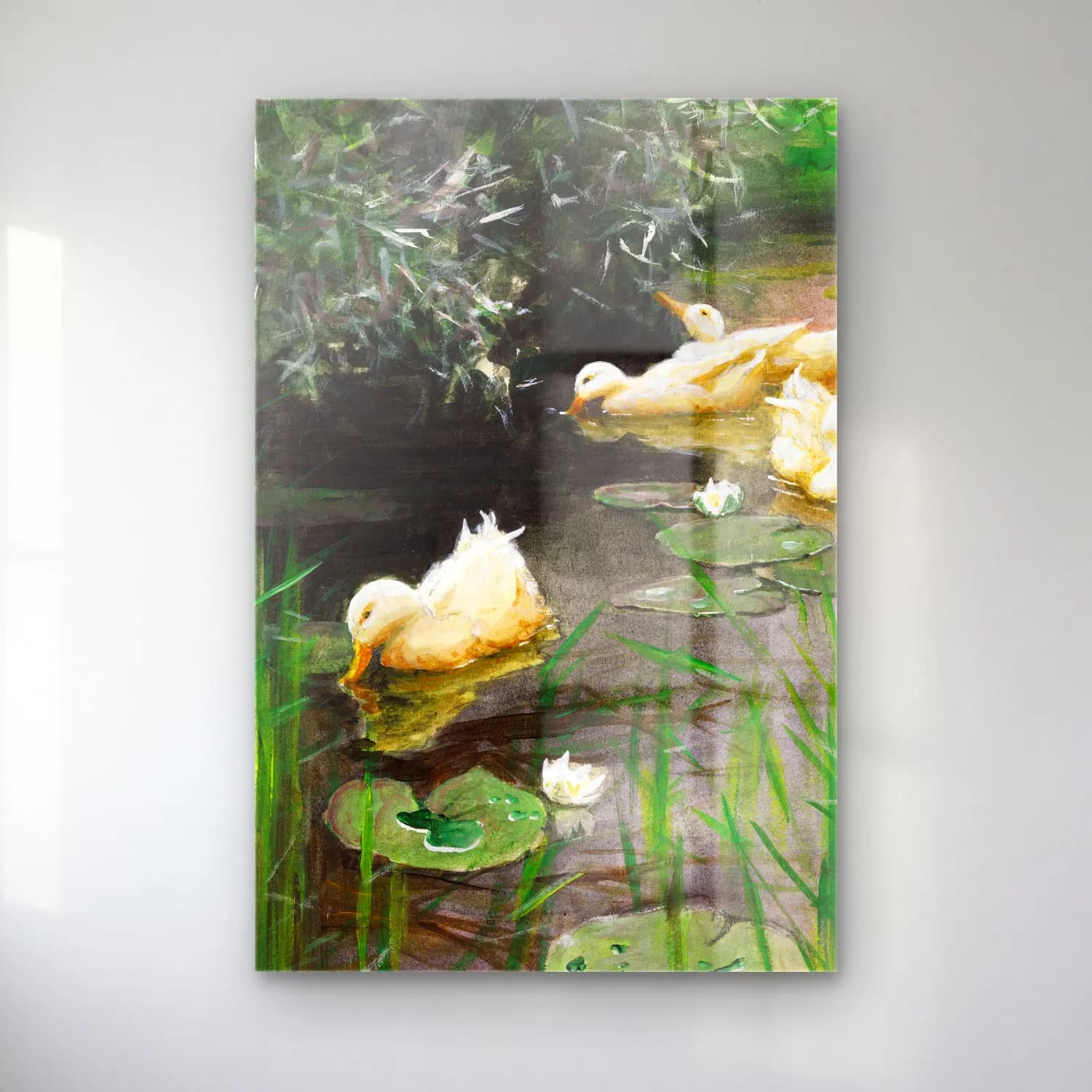 Alexander Koester – Enten im Seerosenteich – Pastel Tonlar cam tablo — Alexander Koester – Enten im Seerosenteich – Pastel Tonlar — yağlı boya ördekler