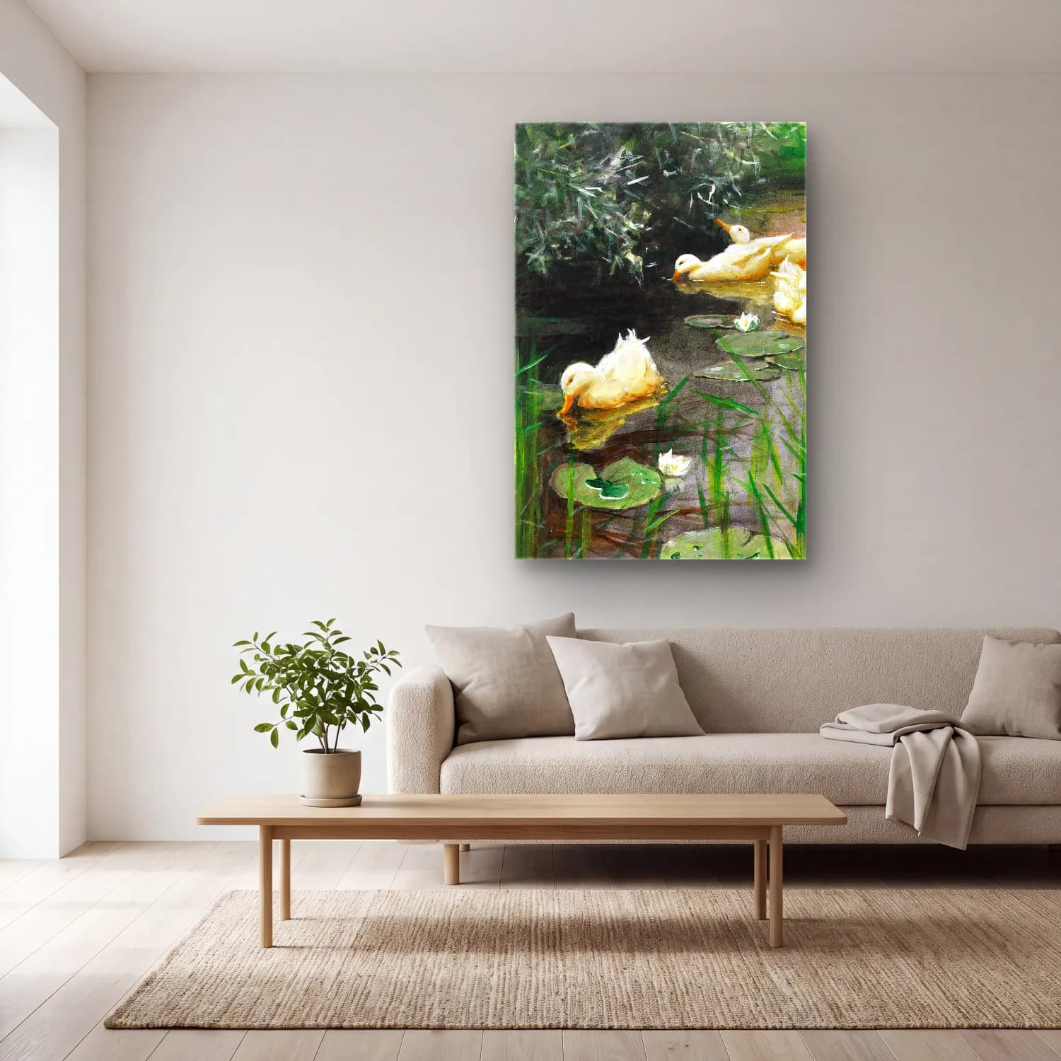Alexander Koester – Enten im Seerosenteich – Pastel Tonlar cam tablo — açık renk salonda