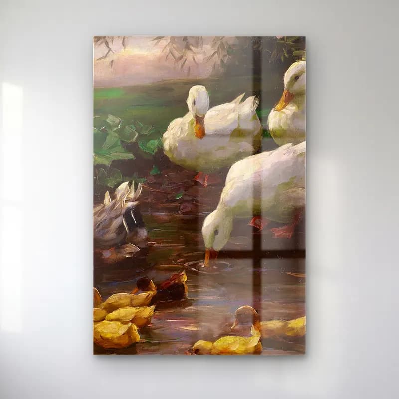 Alexander Koester – Erpel mit Enten und Küken am Seeufer (Ca. 1905-1910) cam tablo — Alexander Koester – Erpel mit Enten und Küken am Seeufer (Ca. 1905-1910) — yağlı boya ördekler