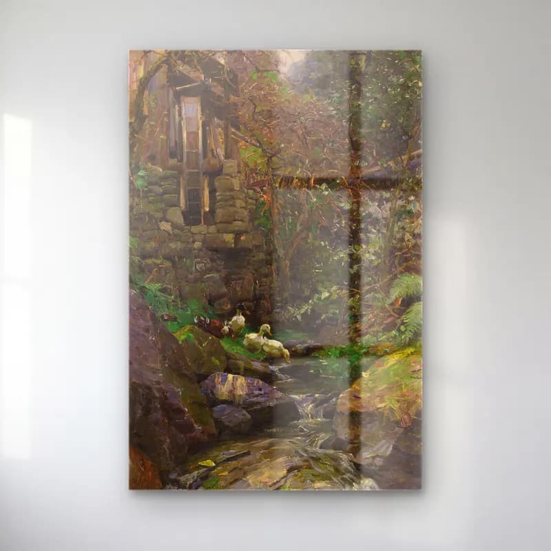 Alexander Koester – Im Mühlengrund (Ca. 1900) cam tablo — Alexander Koester – Im Mühlengrund (Ca. 1900) — yağlı boya kırda nehir