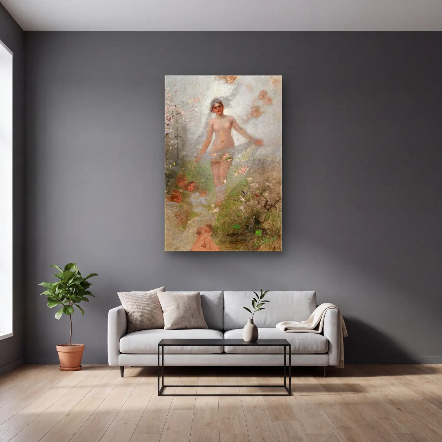 Alexander Koester – Springtime – Pastel Tonlar cam tablo — gri duvarlı salonda