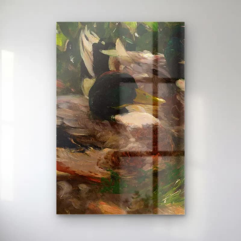 Alexander Koester – Zwei Erpel auf dem Wasser – Yeşil Tonlar cam tablo — Alexander Koester – Zwei Erpel auf dem Wasser – Yeşil Tonlar — yağlı boya ördekler