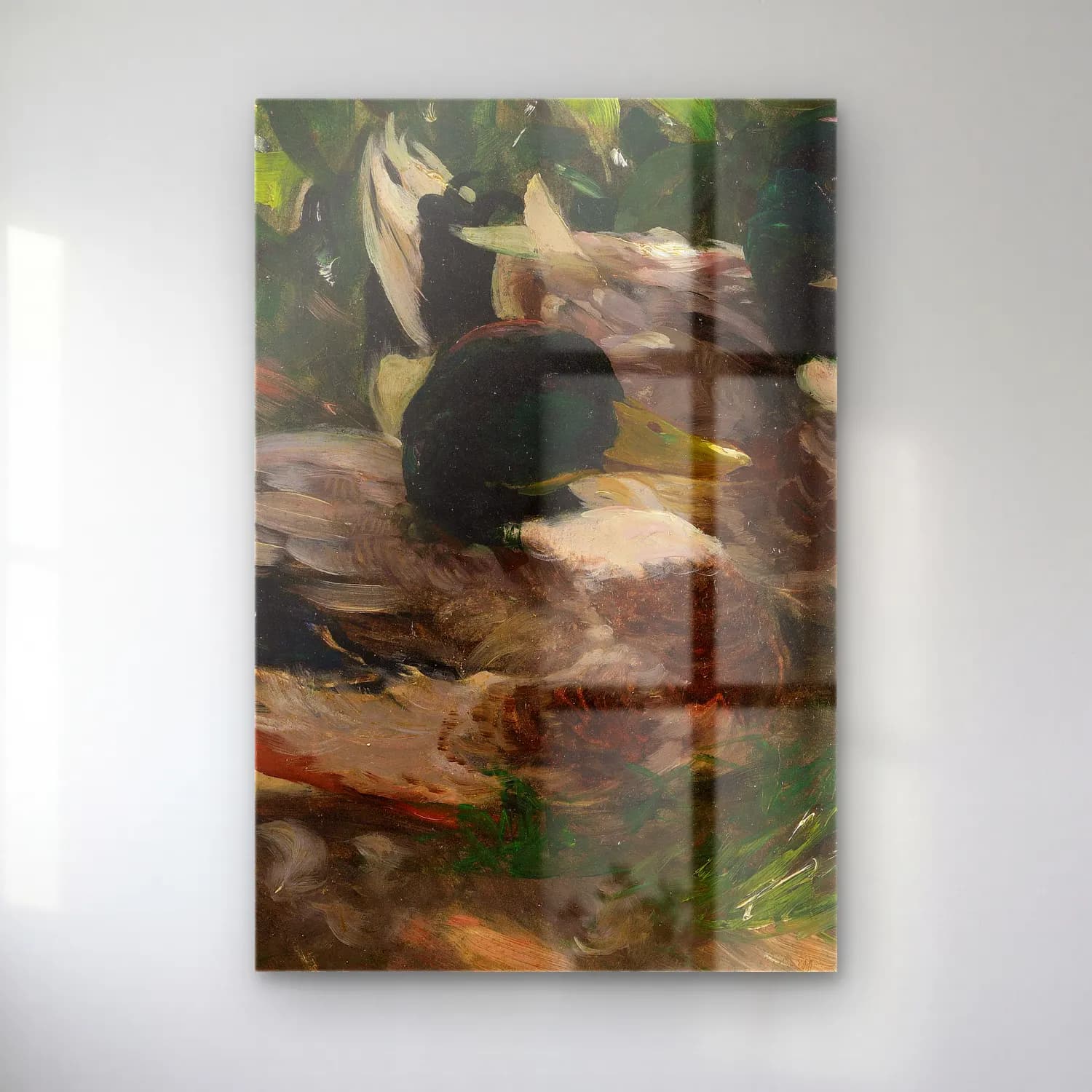 Alexander Koester – Zwei Erpel auf dem Wasser – Yeşil Tonlar cam tablo — Alexander Koester – Zwei Erpel auf dem Wasser – Yeşil Tonlar — yağlı boya ördekler
