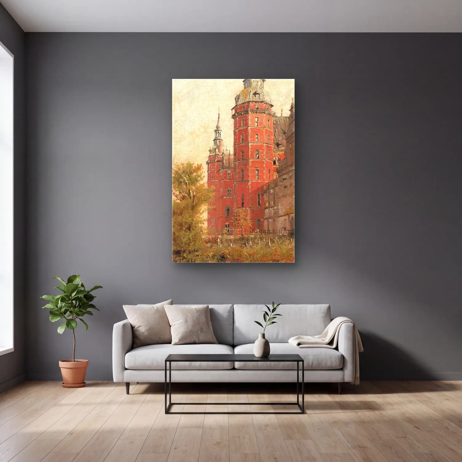 Christen Købke – Frederiksborg Castle seen from the Northwest. Study cam tablo — gri duvarlı salonda