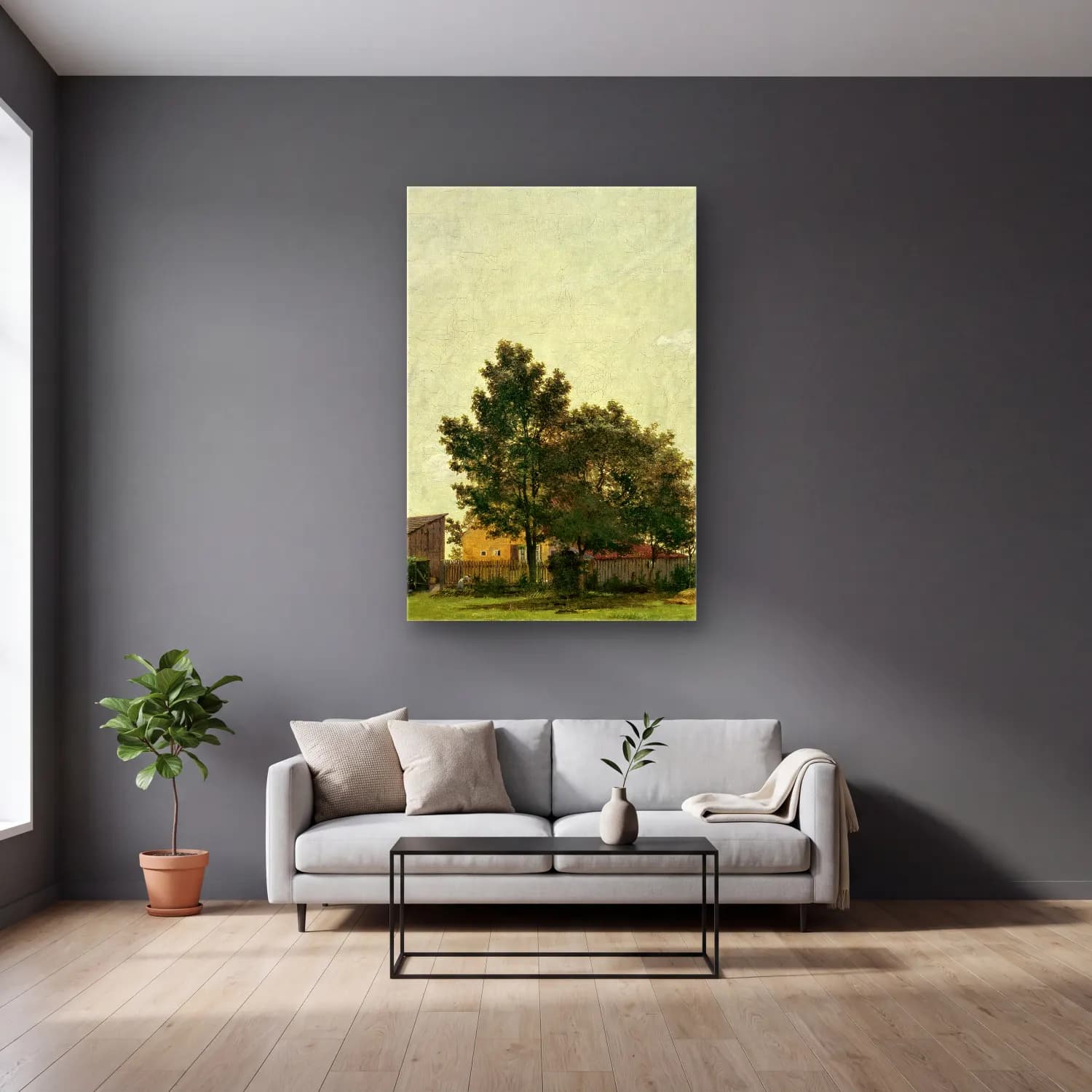 Christen Købke – Section near the Lime Kiln with a View towards Copenhagen (… cam tablo — gri duvarlı salonda