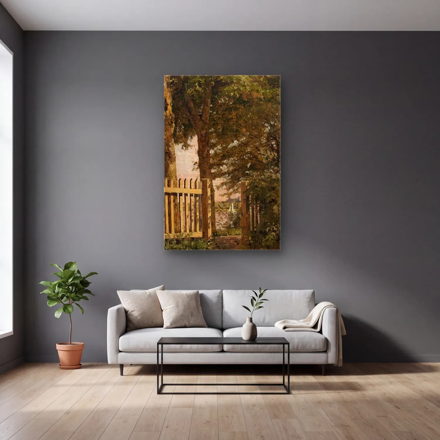 Christen Købke – The Garden Gate of the Artist’s Home at Blegdammen cam tablo — gri duvarlı salonda