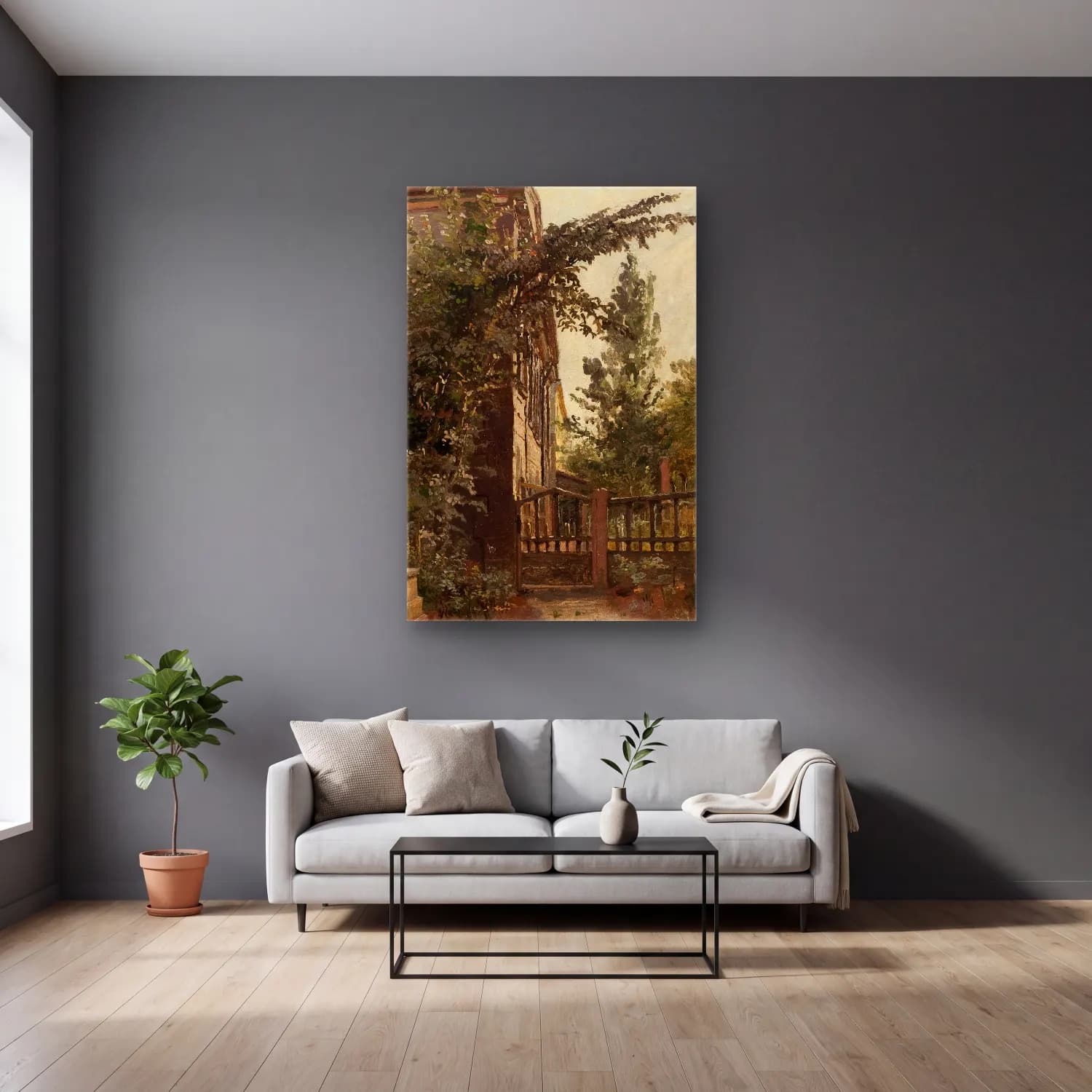 Christen Købke – The Garden Steps Leading to the Artist’s Studio on… cam tablo — gri duvarlı salonda