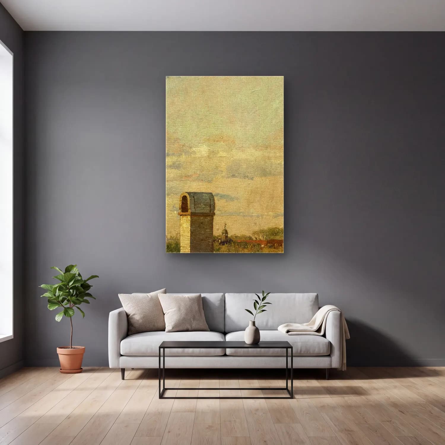 Christen Købke – View from a Window in Toldbodvej Looking Towards the… cam tablo — gri duvarlı salonda