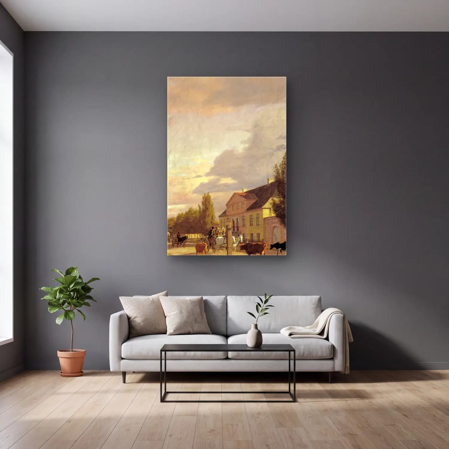 Christen Købke – View of a Street in Østerbro outside Copenhagen. Morning… cam tablo — gri duvarlı salonda