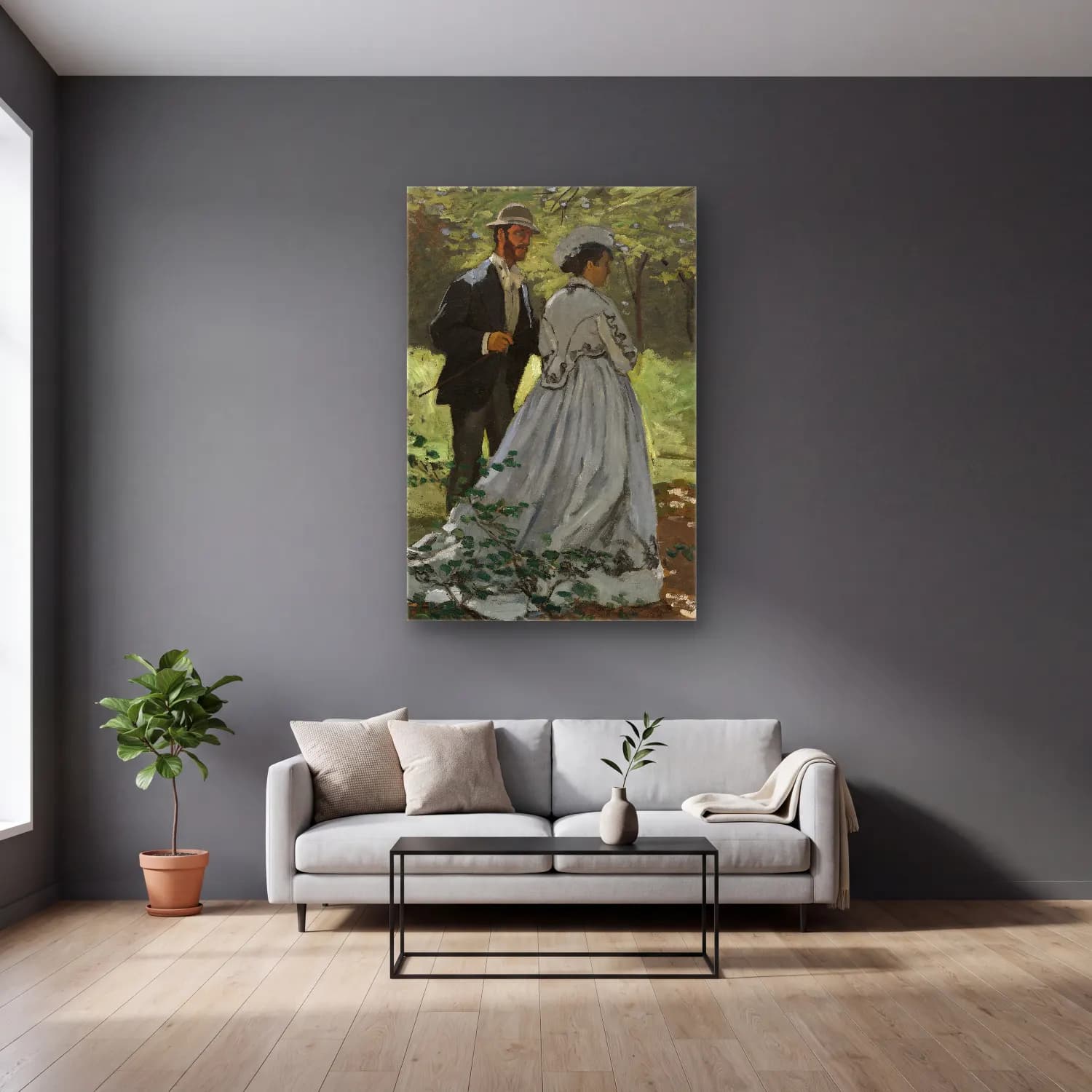 Claude Monet – Bazille and Camille (Study for Déjeuner sur l’Herbe ) cam tablo — gri duvarlı salonda