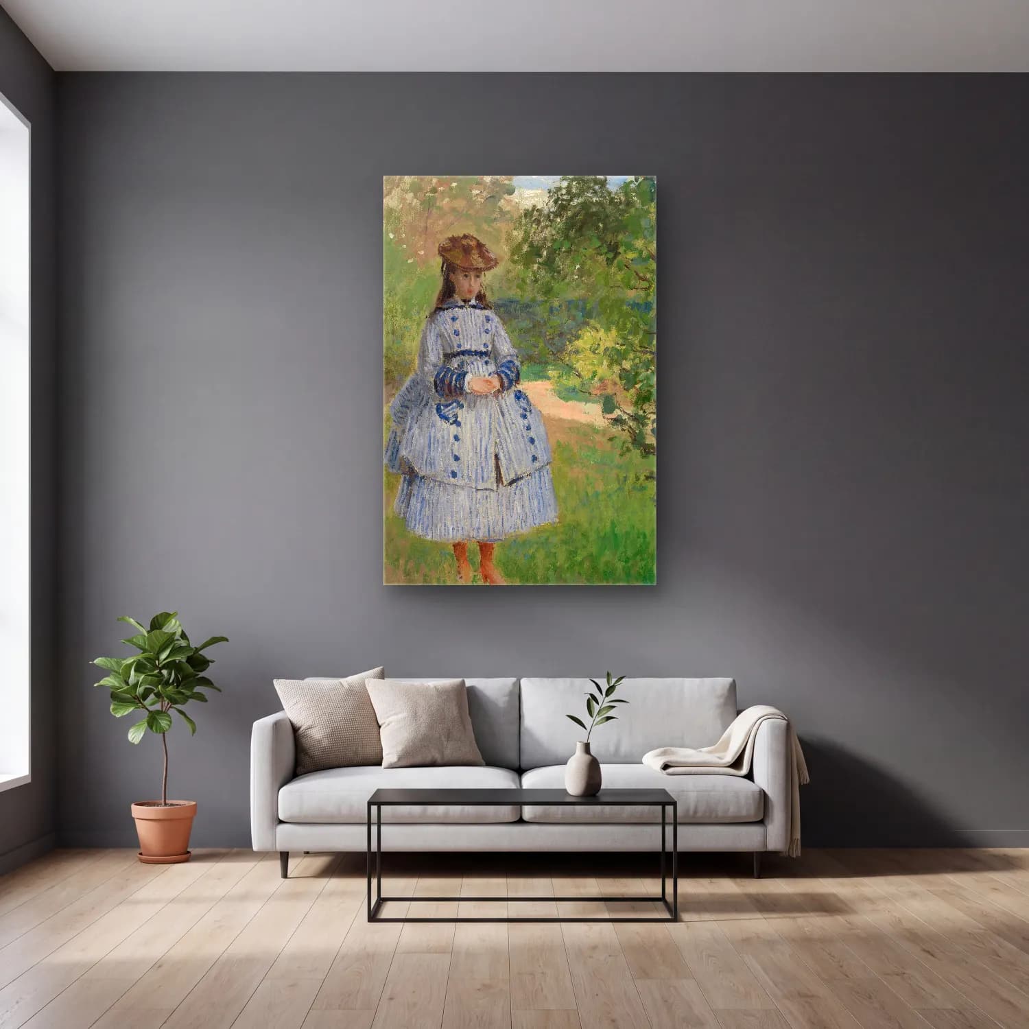 Claude Monet – Girl with Dog cam tablo — gri duvarlı salonda