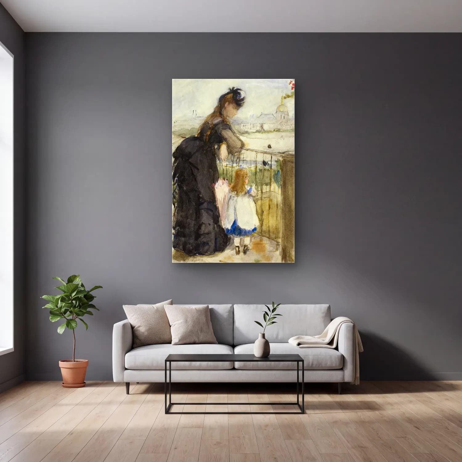Berthe Morisot – On the Balcony cam tablo — gri duvarlı salonda