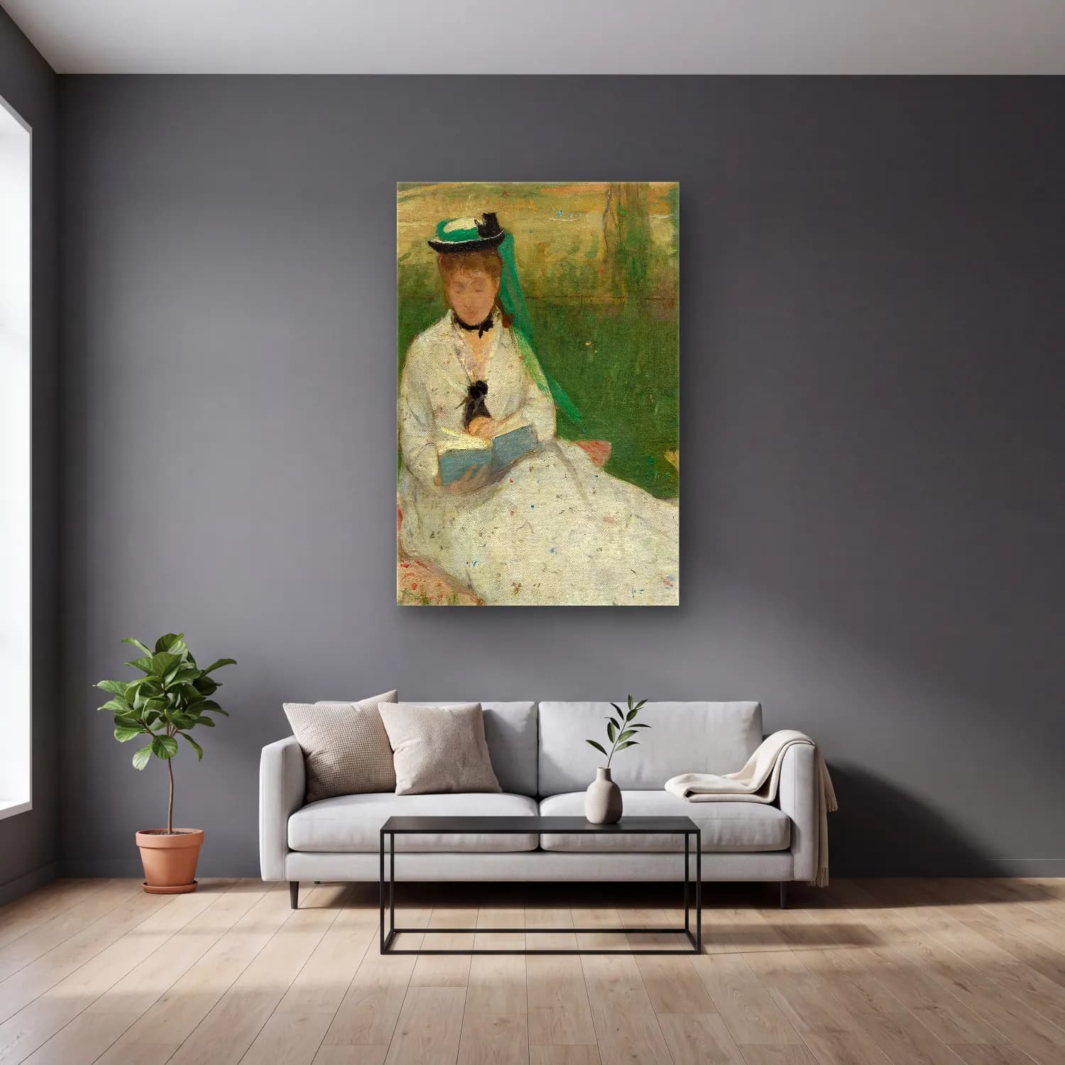 Berthe Morisot – Reading cam tablo — gri duvarlı salonda