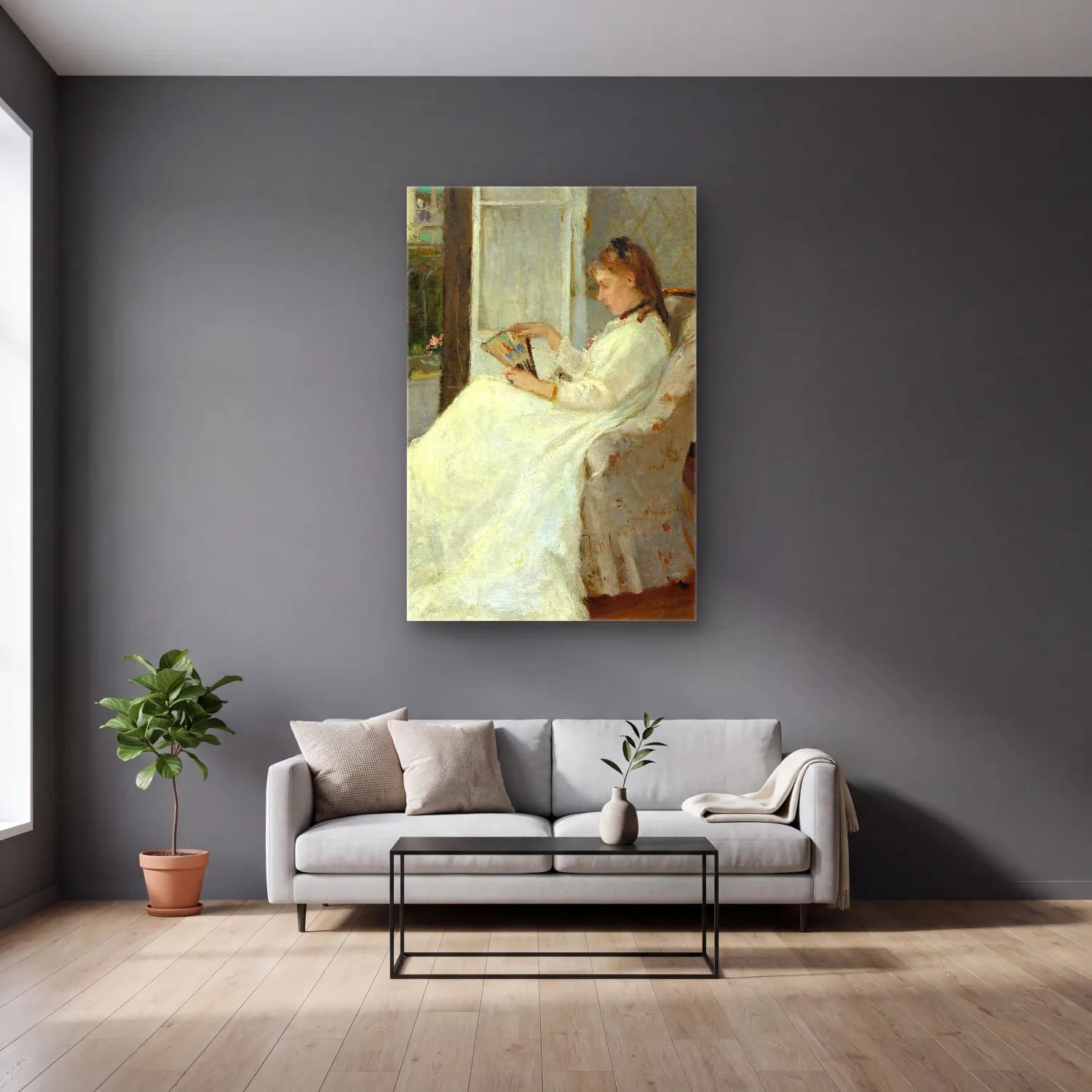 Berthe Morisot – The Artist’s Sister at a Window cam tablo — gri duvarlı salonda