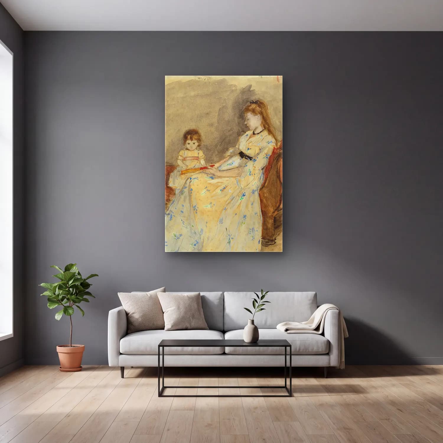 Berthe Morisot – The Artist’s Sister,Edma With Her Daughter Jeanne cam tablo — gri duvarlı salonda